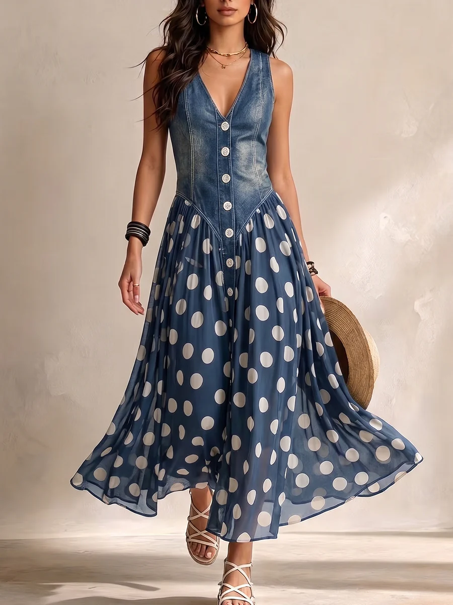 Ainhoa | Vestido largo vaquero de lunares