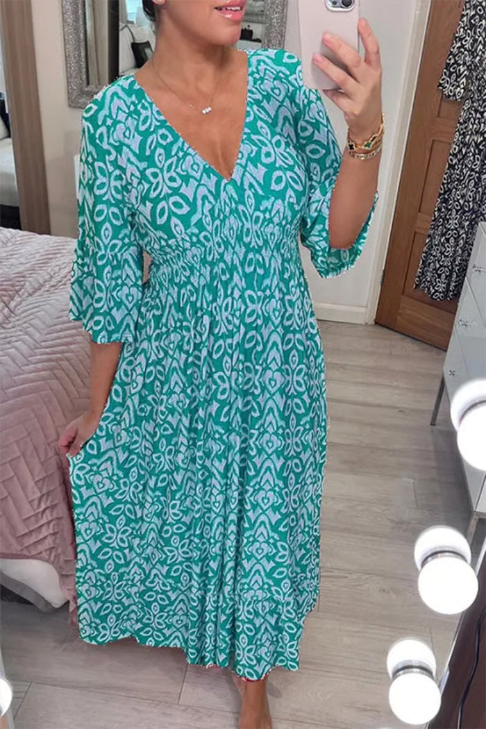 Amaya | Vestido largo bohemio informal con estampado, escote en V
