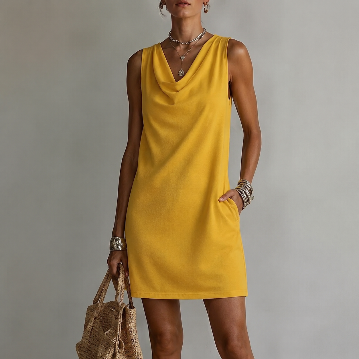 Calista | Vestido mini blanco escote drapeado con bolsillos