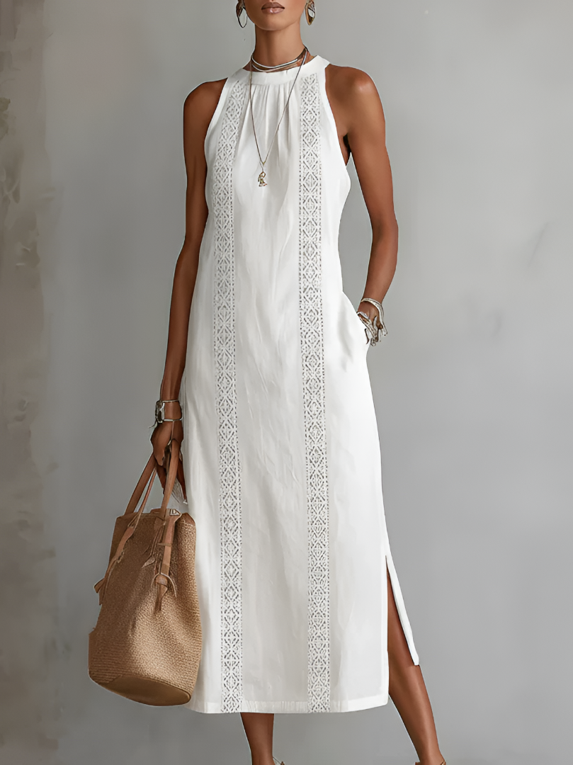 Sara | Vestido midi de lino con cuello Mao