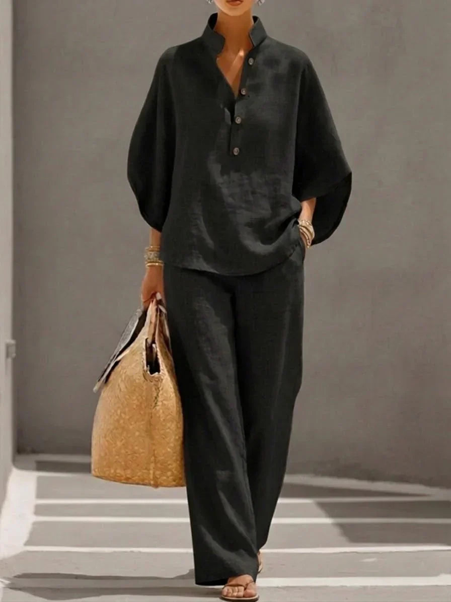Maribella | Traje de lino con mangas murciélago y pantalón de pierna ancha