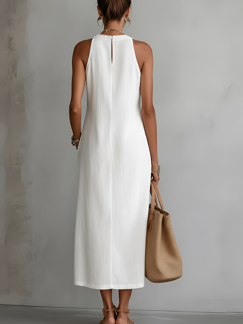 Sara | Vestido midi de lino con cuello Mao