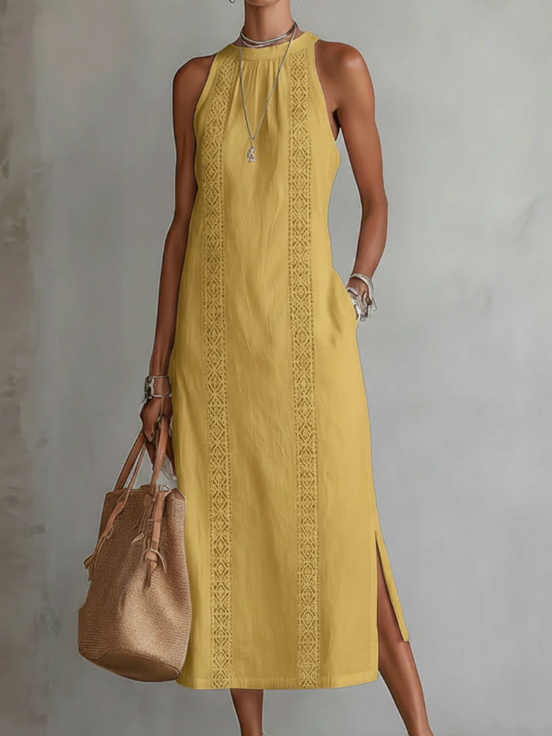 Sara | Vestido midi de lino con cuello Mao