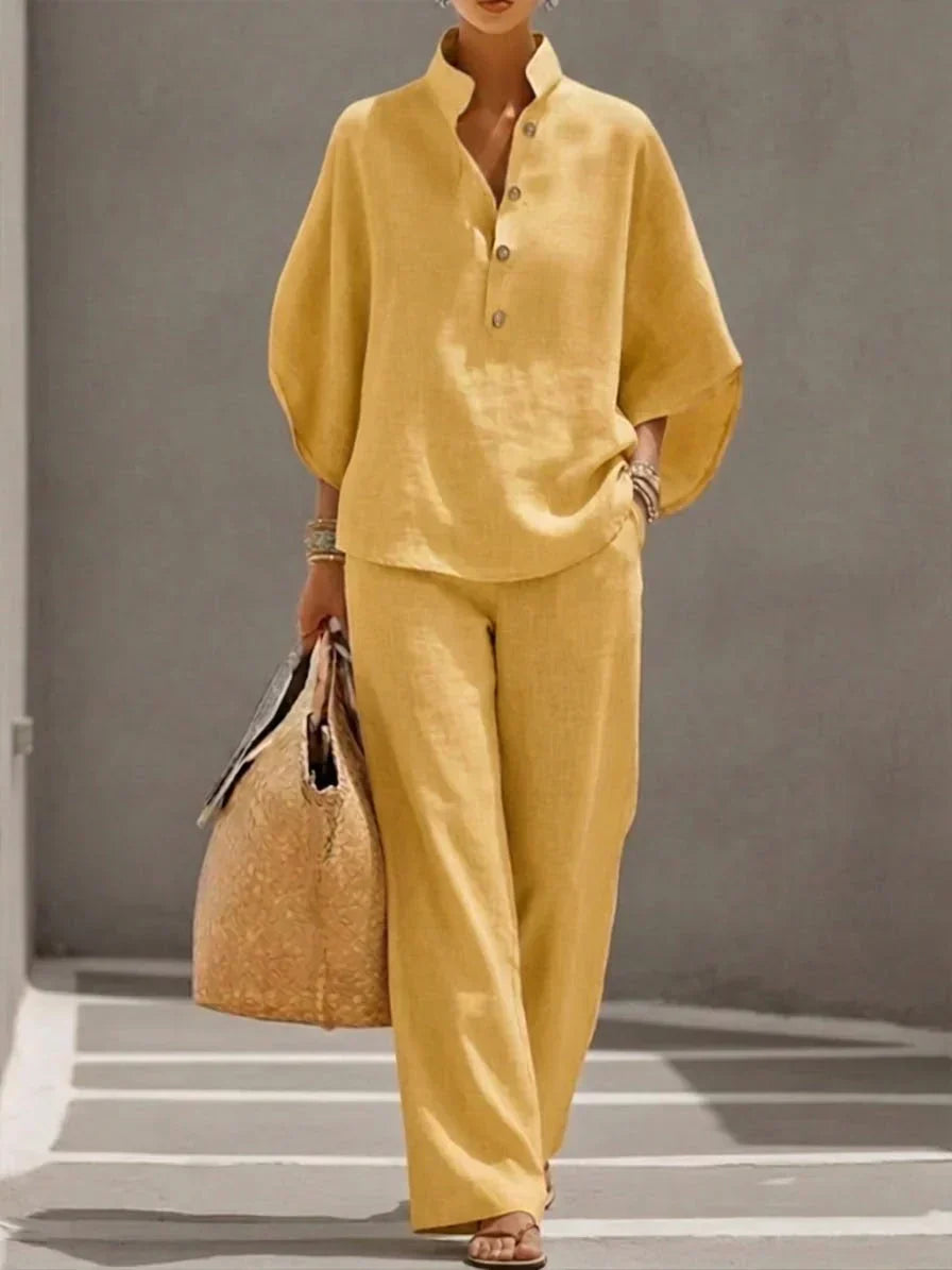 Maribella | Traje de lino con mangas murciélago y pantalón de pierna ancha