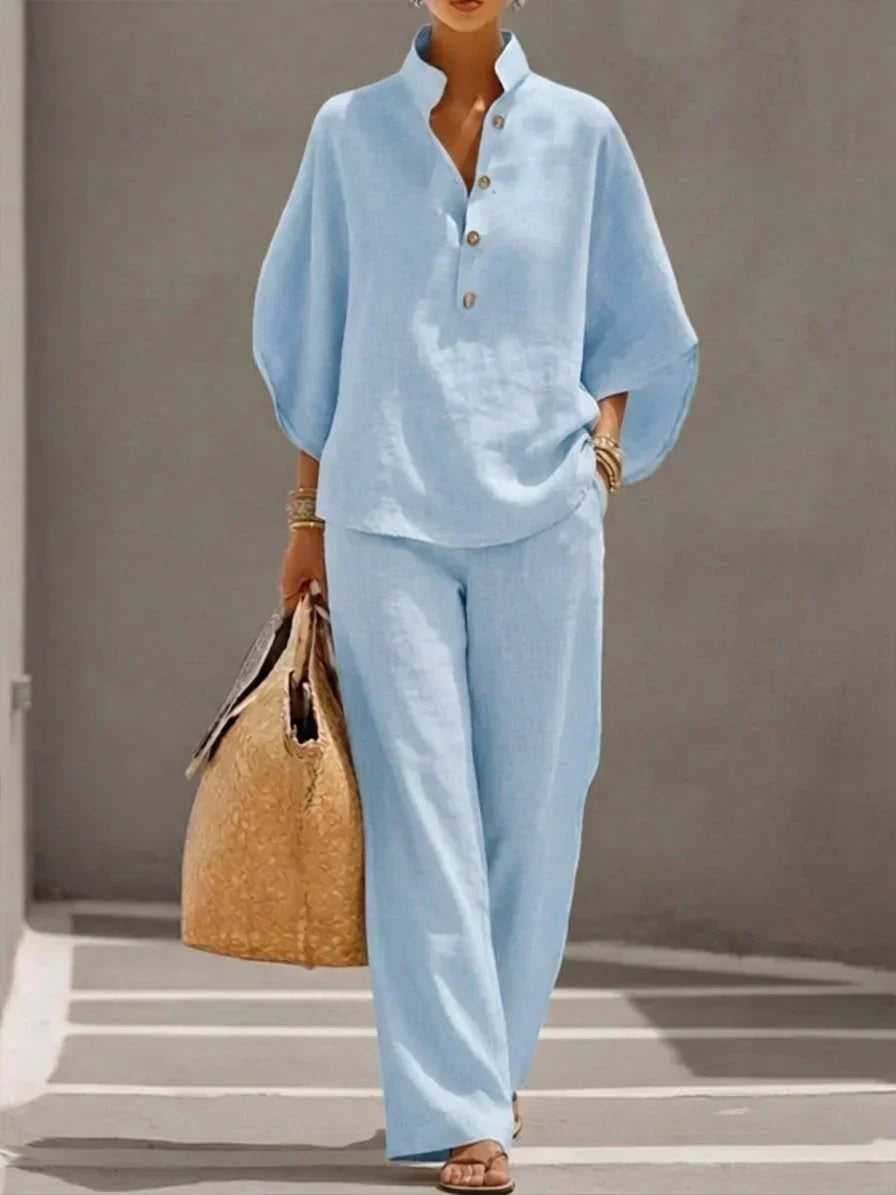 Maribella | Traje de lino con mangas murciélago y pantalón de pierna ancha