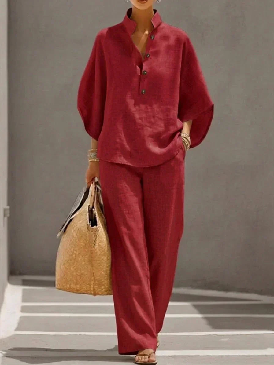 Maribella | Traje de lino con mangas murciélago y pantalón de pierna ancha