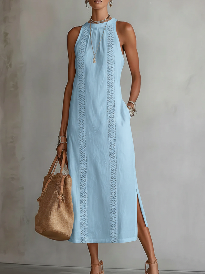 Sara | Vestido midi de lino con cuello Mao