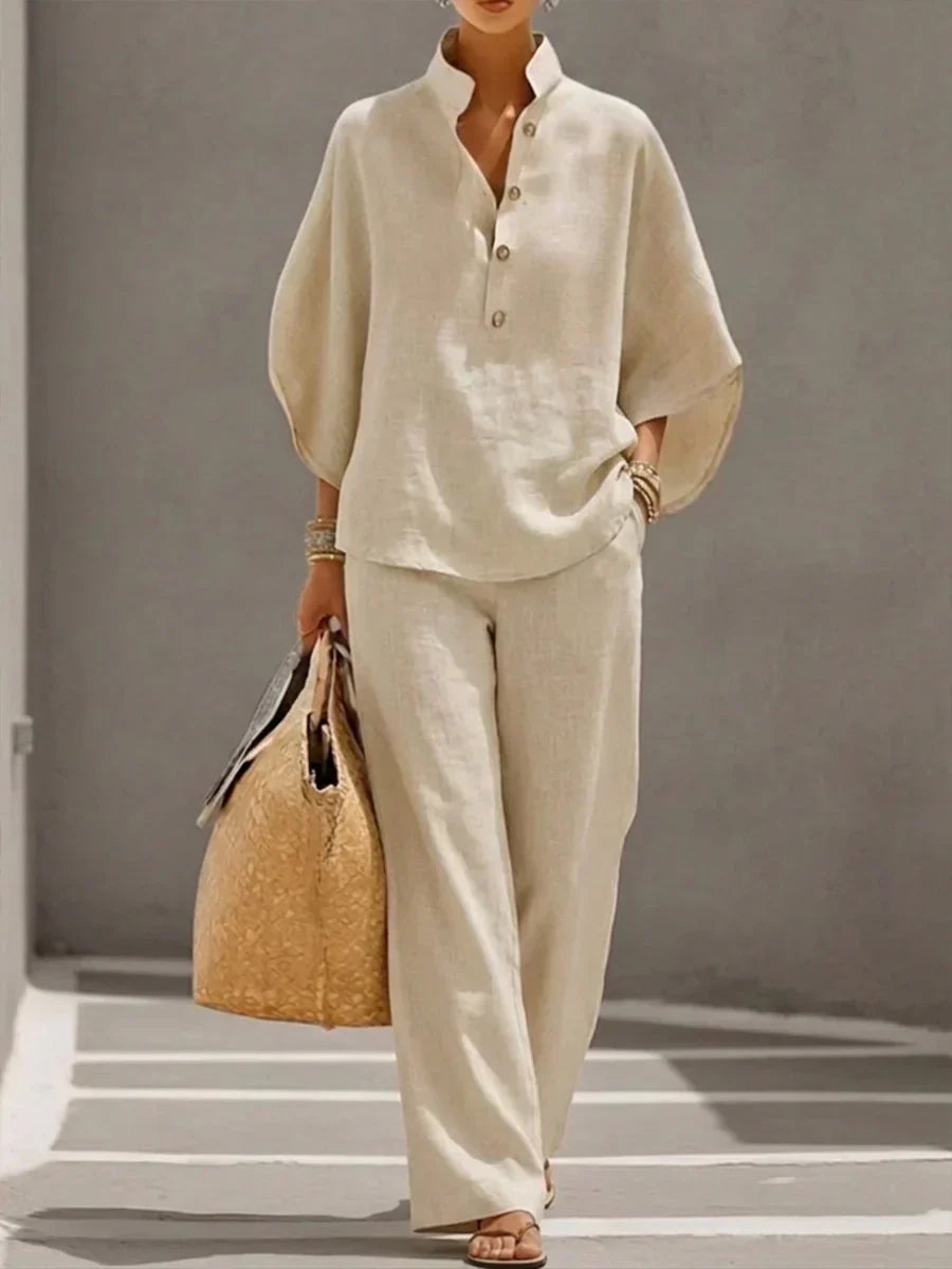 Maribella | Traje de lino con mangas murciélago y pantalón de pierna ancha