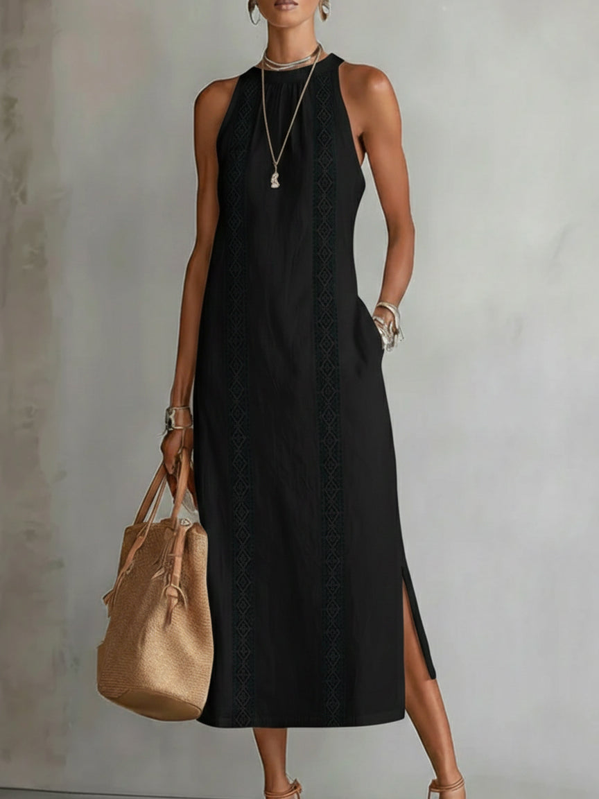 Sara | Vestido midi de lino con cuello Mao