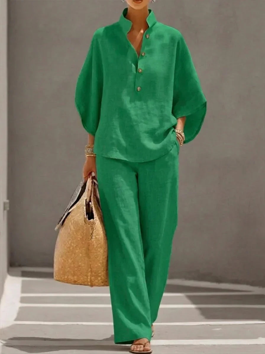 Maribella | Traje de lino con mangas murciélago y pantalón de pierna ancha