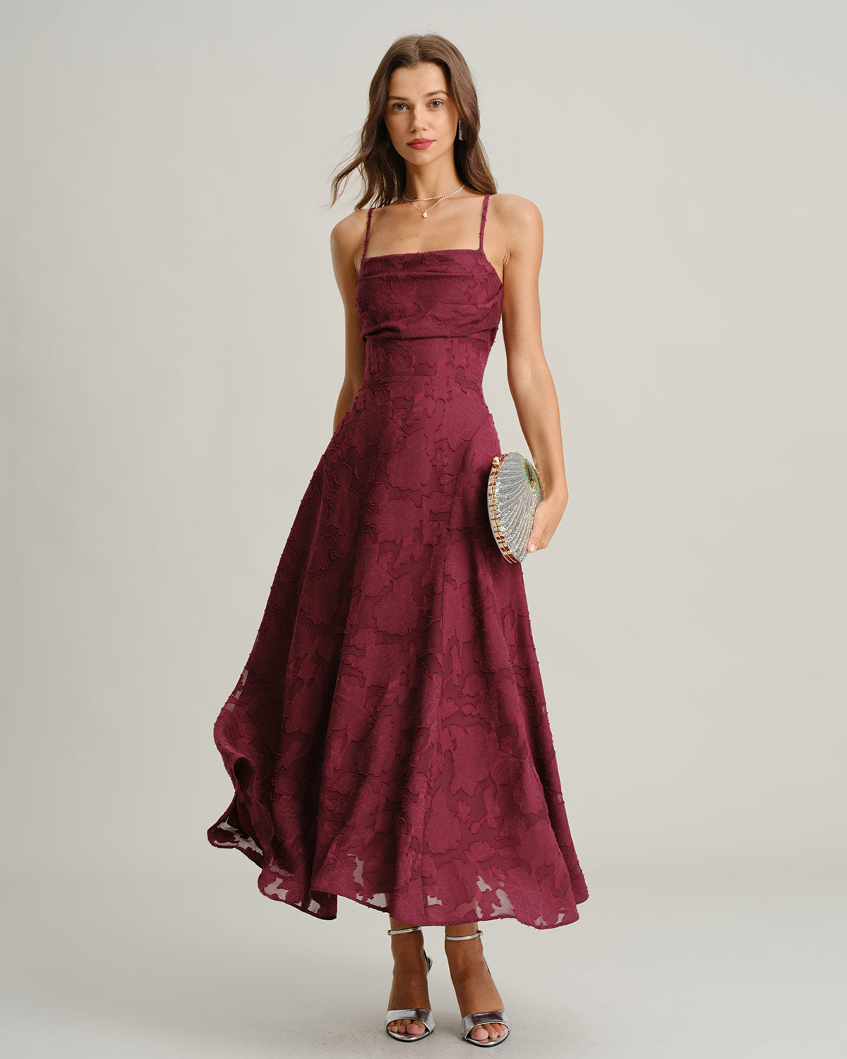 Vestido largo lencero de jacquard color rojo vino